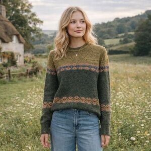 Cottagecore Olive, Pink and Blue Crewneck Sweater